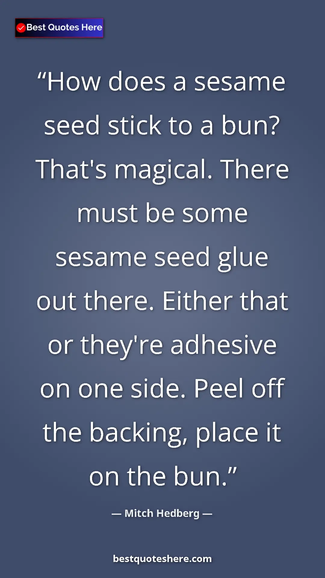 Pinterest quote poster by Mitch Hedberg: "How does a sesame seed stick to a bun? That's magical...."