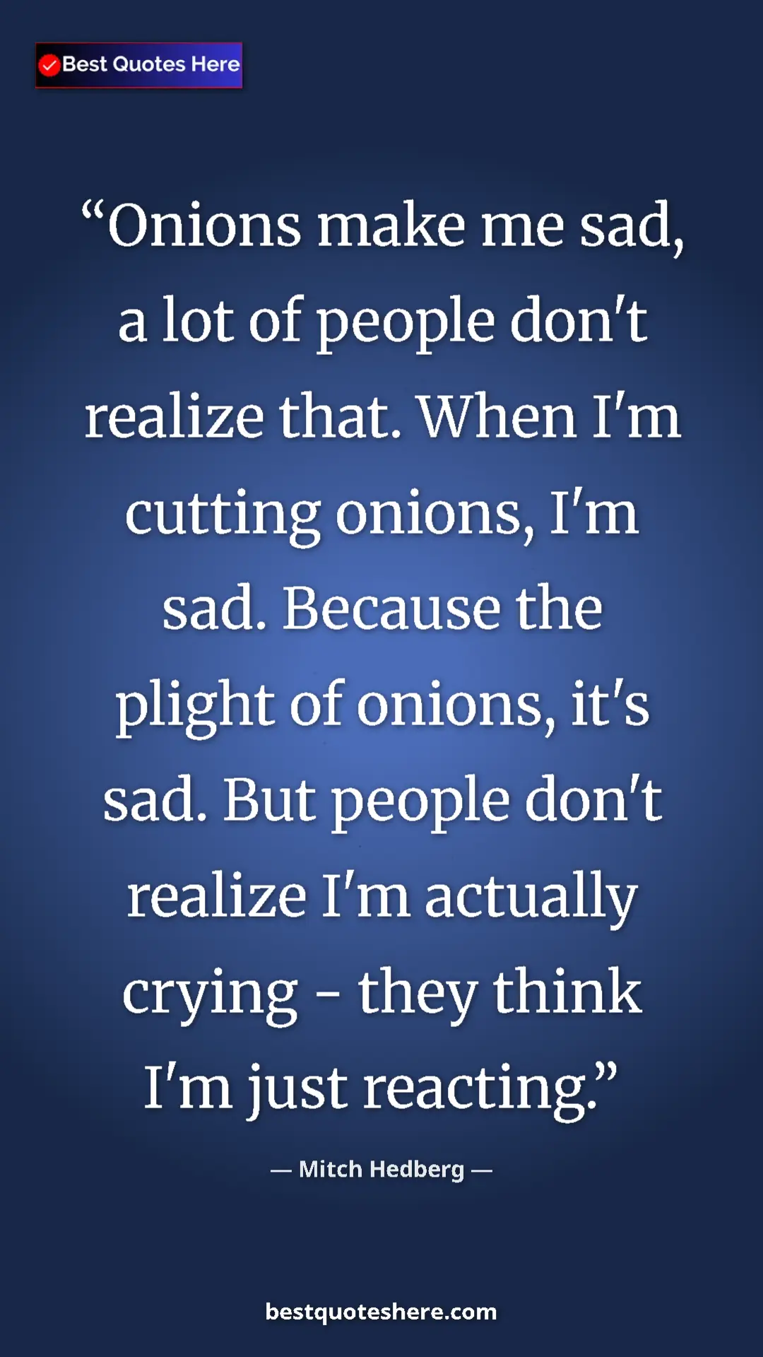 Pinterest quote poster by Mitch Hedberg: "Onions make me sad, a lot of people don't realize that...."