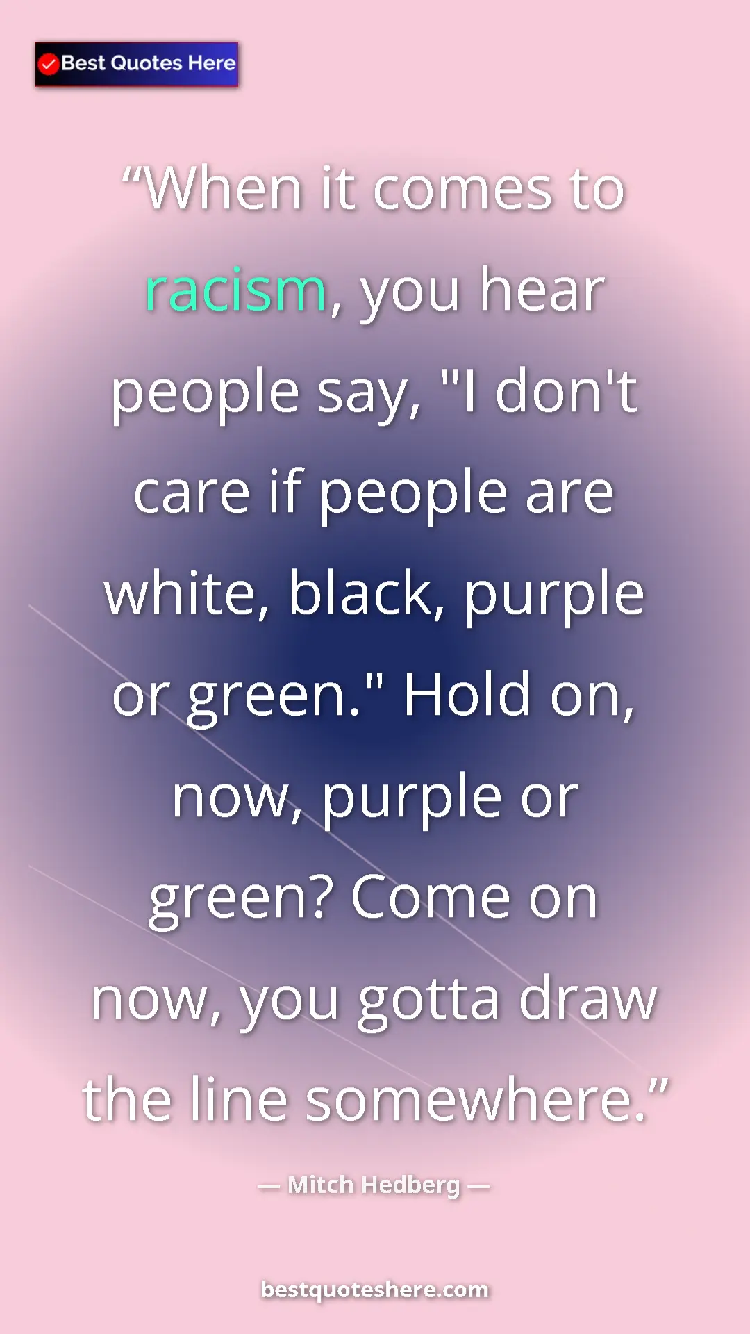 Pinterest quote poster by Mitch Hedberg: "When it comes to racism, you hear people say, "I don't care..."