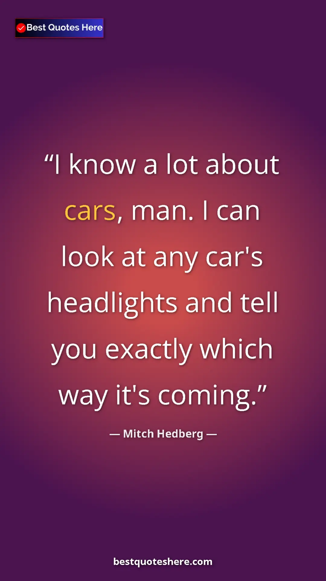 Pinterest quote poster by Mitch Hedberg: "I know a lot about cars, man. I can look at any car's..."