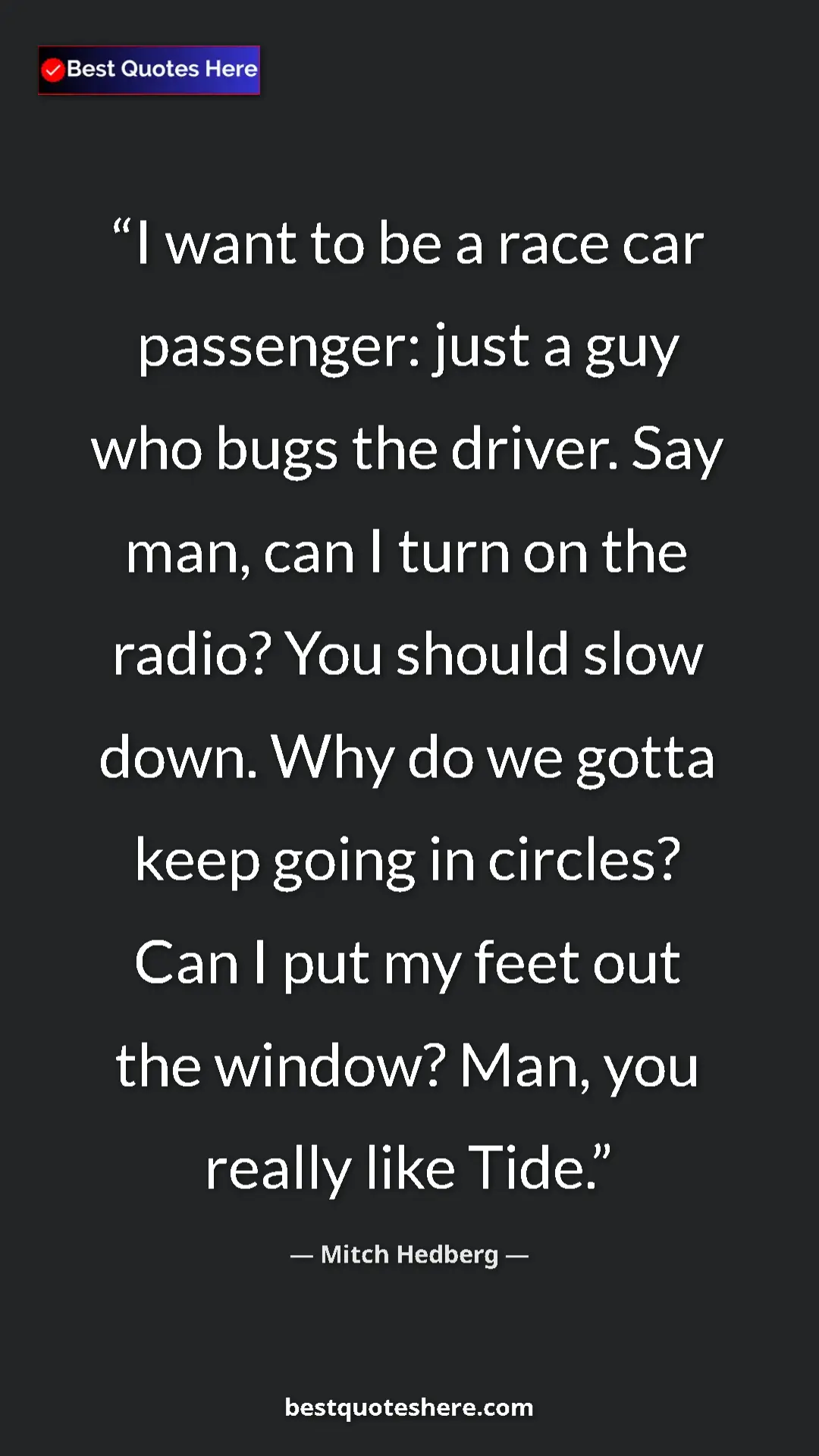 Pinterest quote poster by Mitch Hedberg: "I want to be a race car passenger: just a guy who bugs the..."