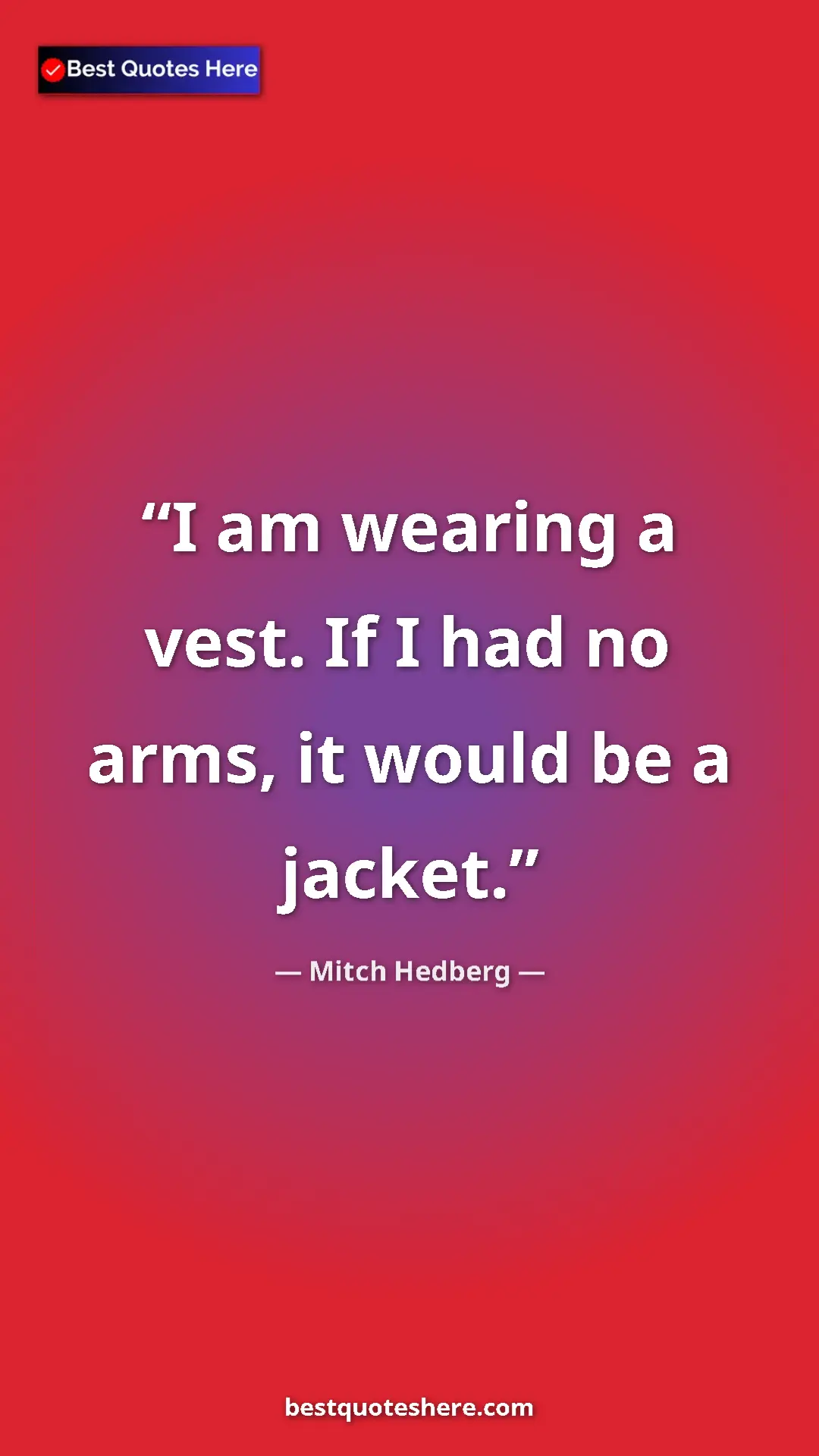 Pinterest quote poster by Mitch Hedberg: "I am wearing a vest. If I had no arms, it would be a jacket."