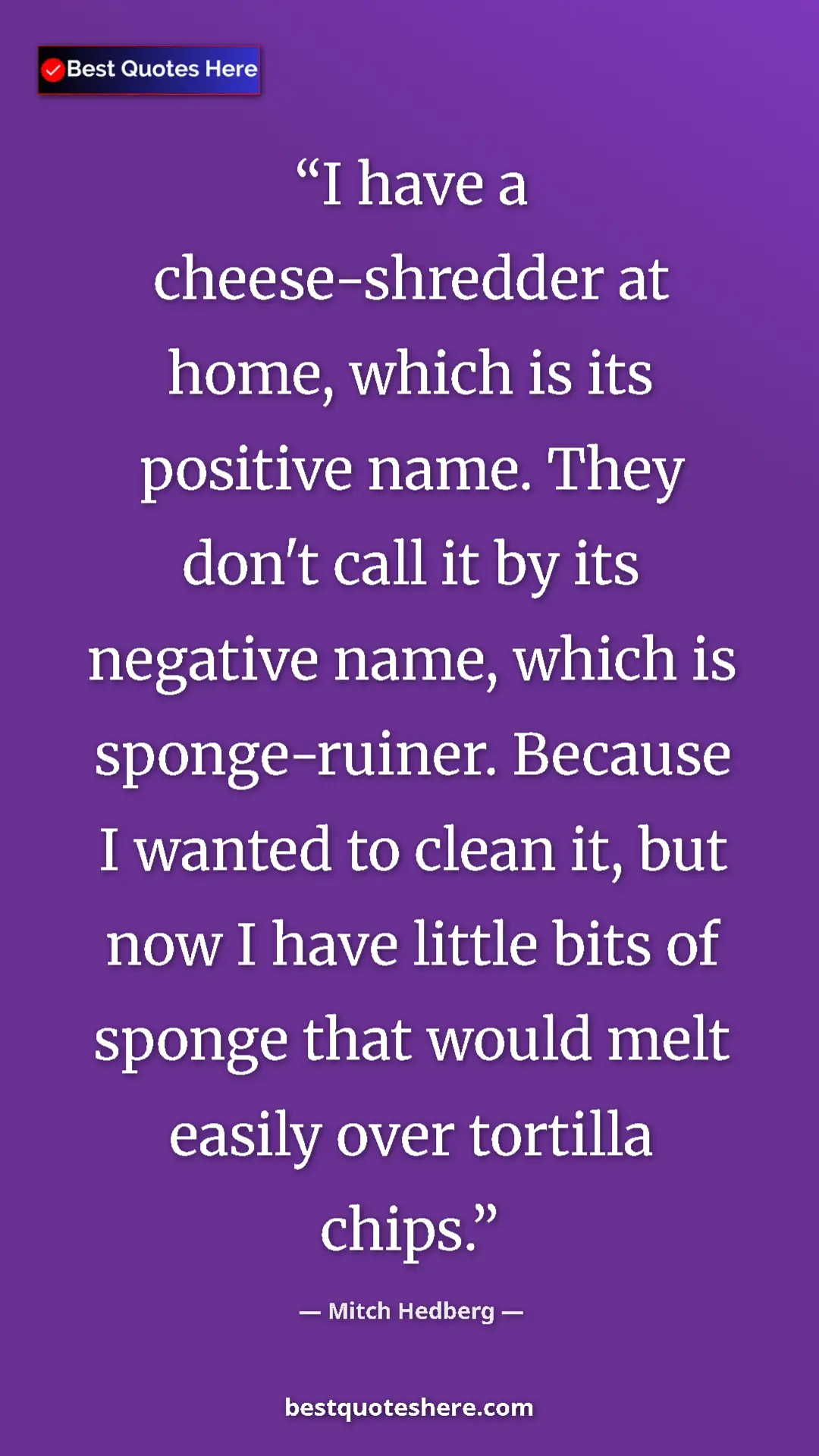 Pinterest quote poster by Mitch Hedberg: "I have a cheese-shredder at home, which is its positive..."