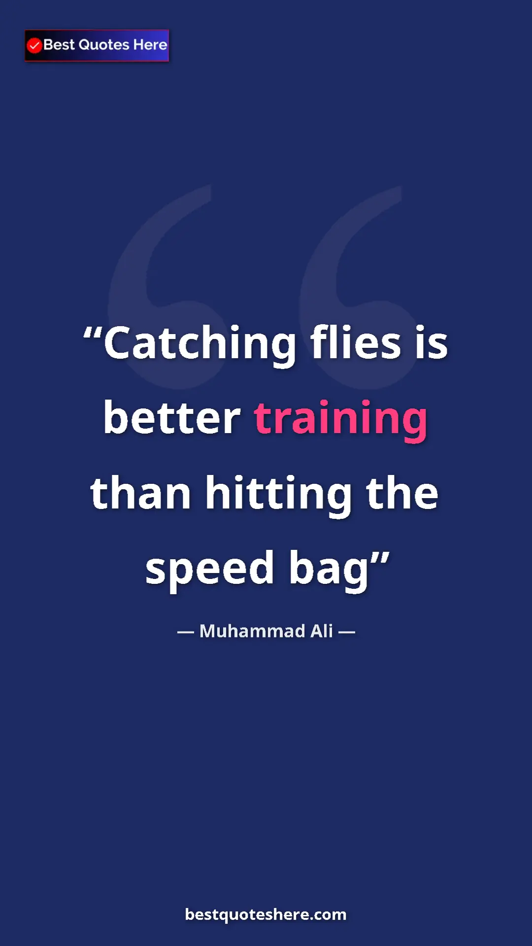Muhammad Ali Quote Card: "Catching flies is better training than hitting the speed bag" Pinterest quote poster by Muhammad Ali: "Catching flies is better training than hitting the speed bag"