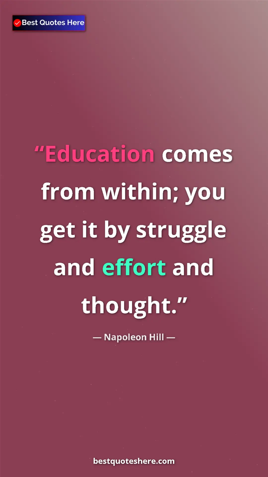 Pinterest quote poster by Napoleon Hill: "Education comes from within; you get it by struggle and..."
