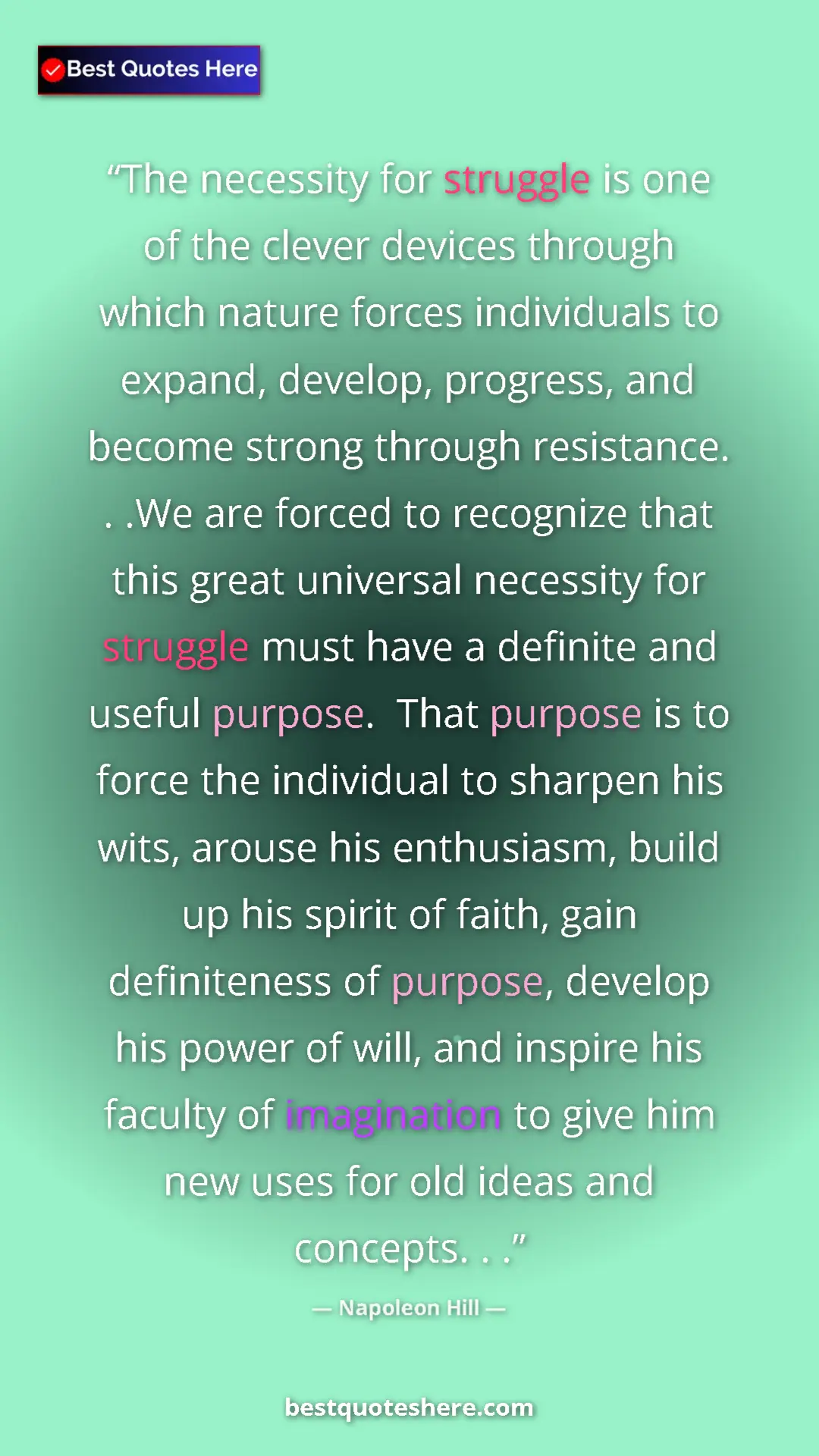 Pinterest quote poster by Napoleon Hill: "The necessity for struggle is one of the clever devices..."