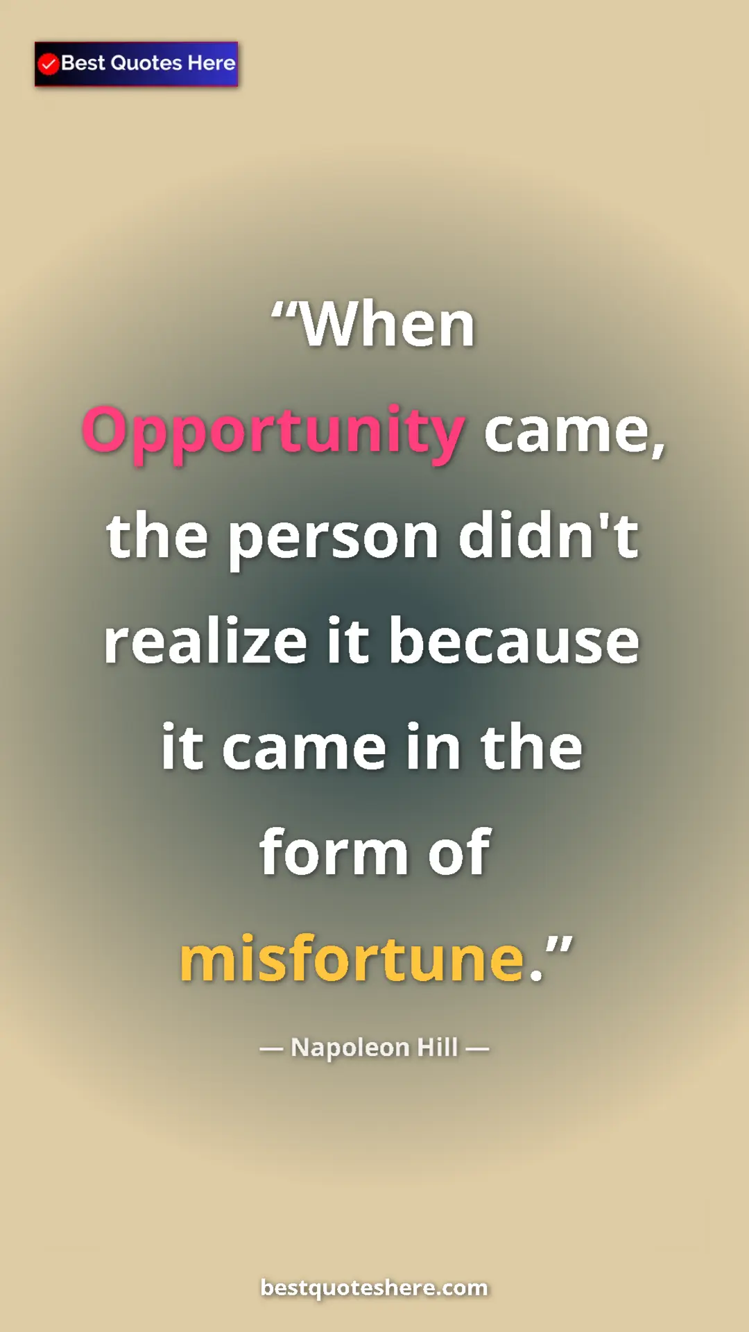 Pinterest quote poster by Napoleon Hill: "When Opportunity came, the person didn't realize it because..."