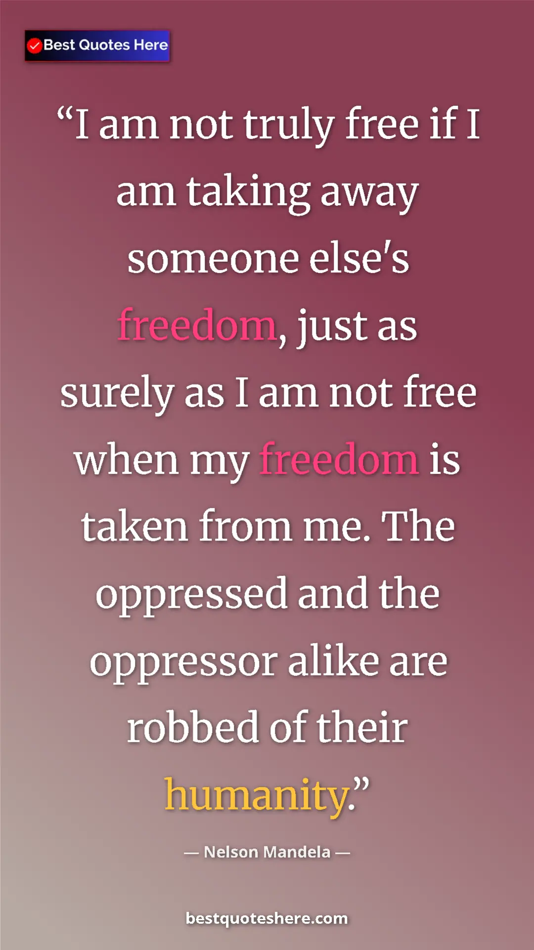 Pinterest quote poster by Nelson Mandela: "I am not truly free if I am taking away someone else's..."