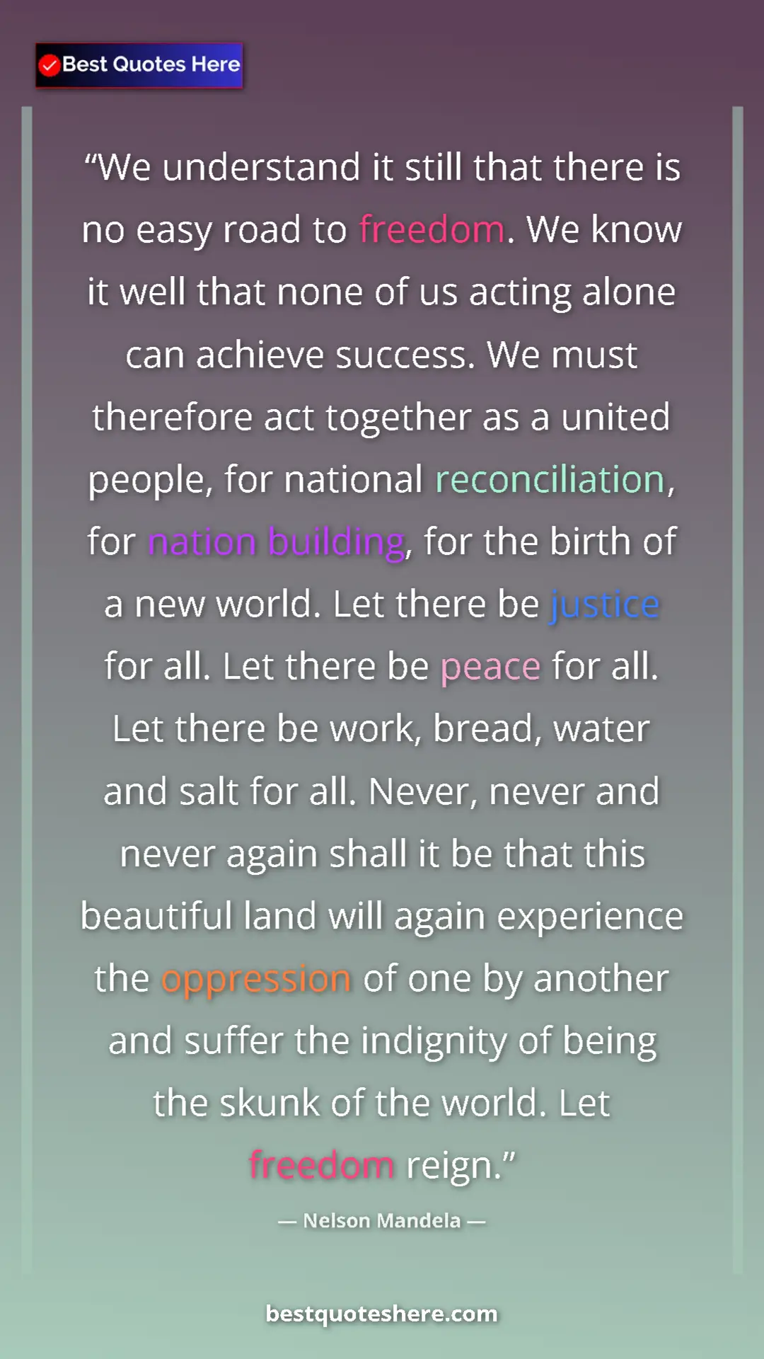 Pinterest quote poster by Nelson Mandela: "We understand it still that there is no easy road to..."