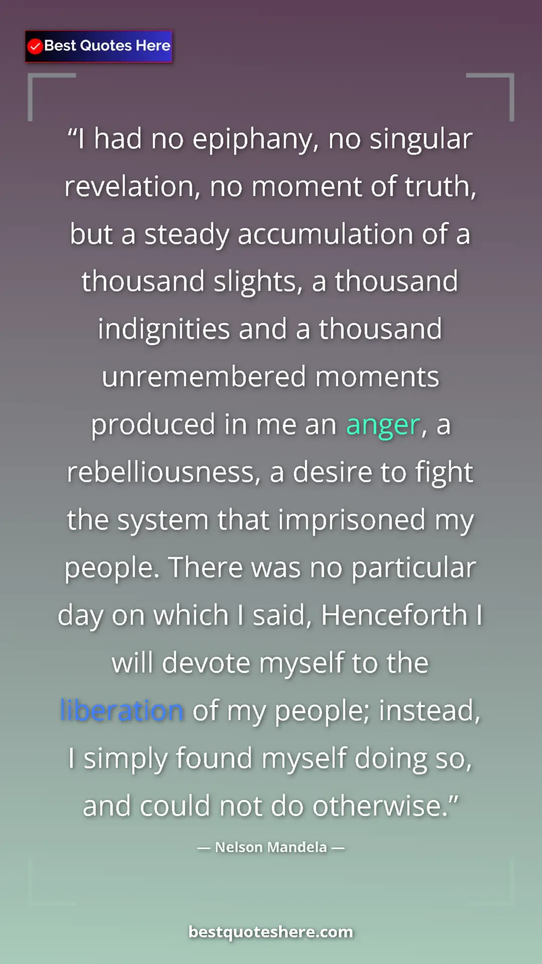 Pinterest quote poster by Nelson Mandela: "I had no epiphany, no singular revelation, no moment of..."