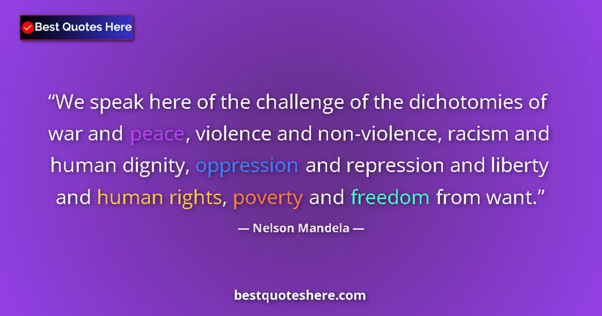 Quote by Nelson Mandela: We speak here of the challenge of the dichotomies of war and peace, violence and non-violence, racis...