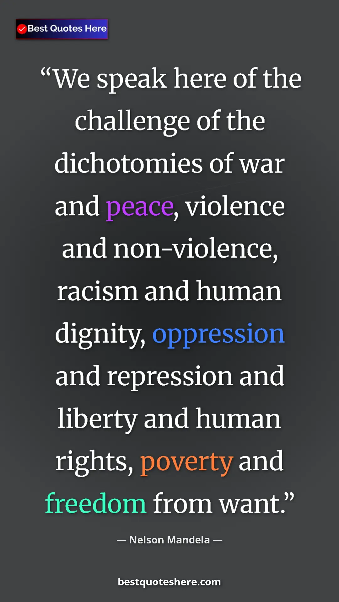 Pinterest quote poster by Nelson Mandela: "We speak here of the challenge of the dichotomies of war..."