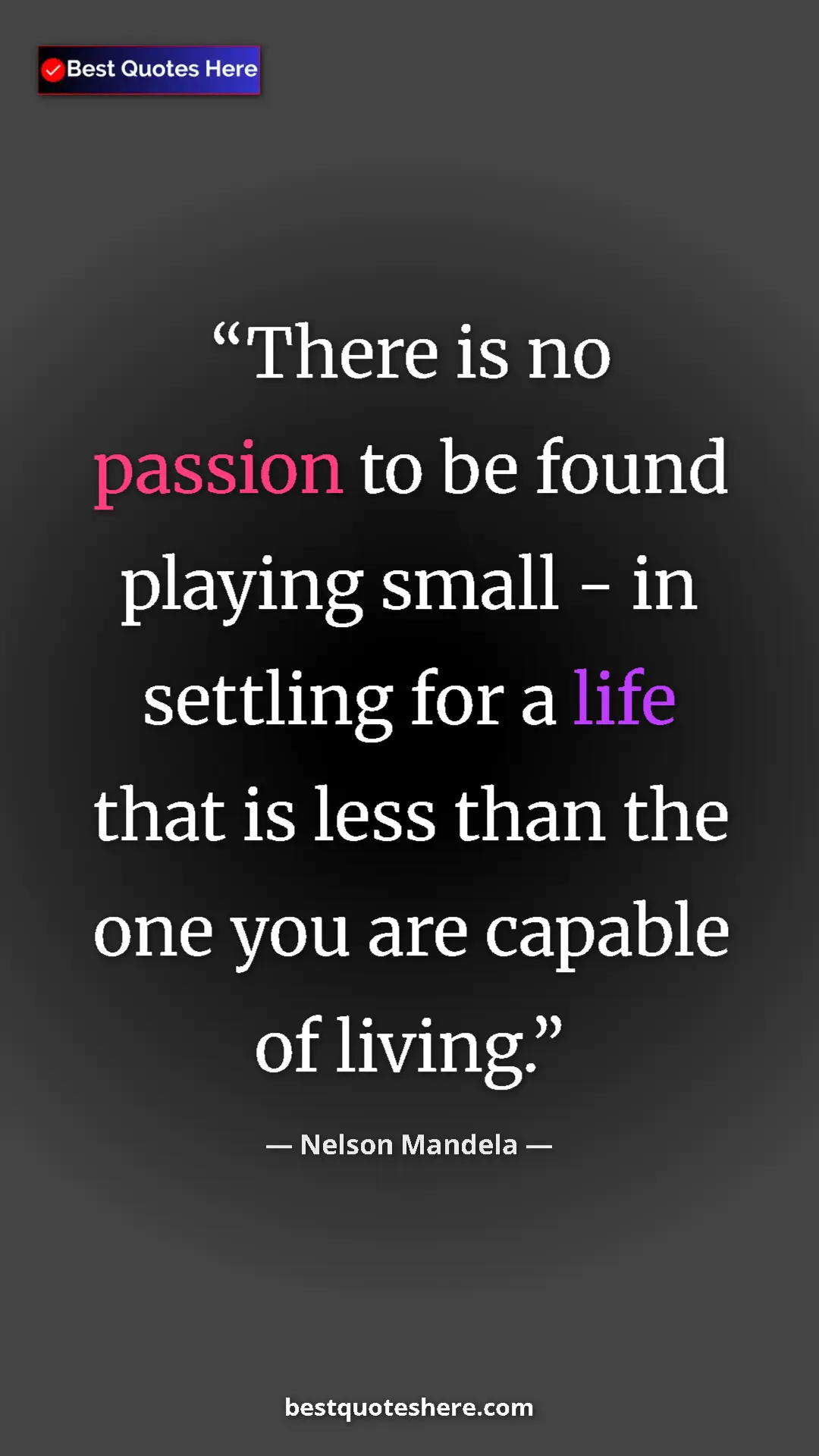 Pinterest quote poster by Nelson Mandela: "There is no passion to be found playing small - in settling..."