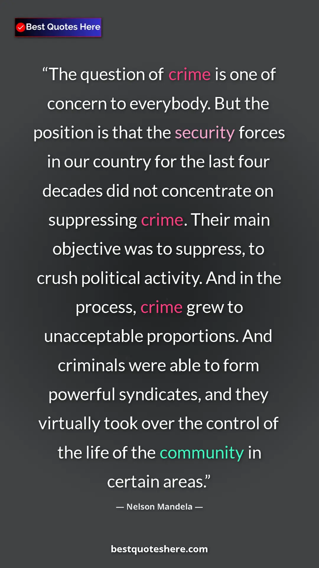 Pinterest quote poster by Nelson Mandela: "The question of crime is one of concern to everybody. But..."
