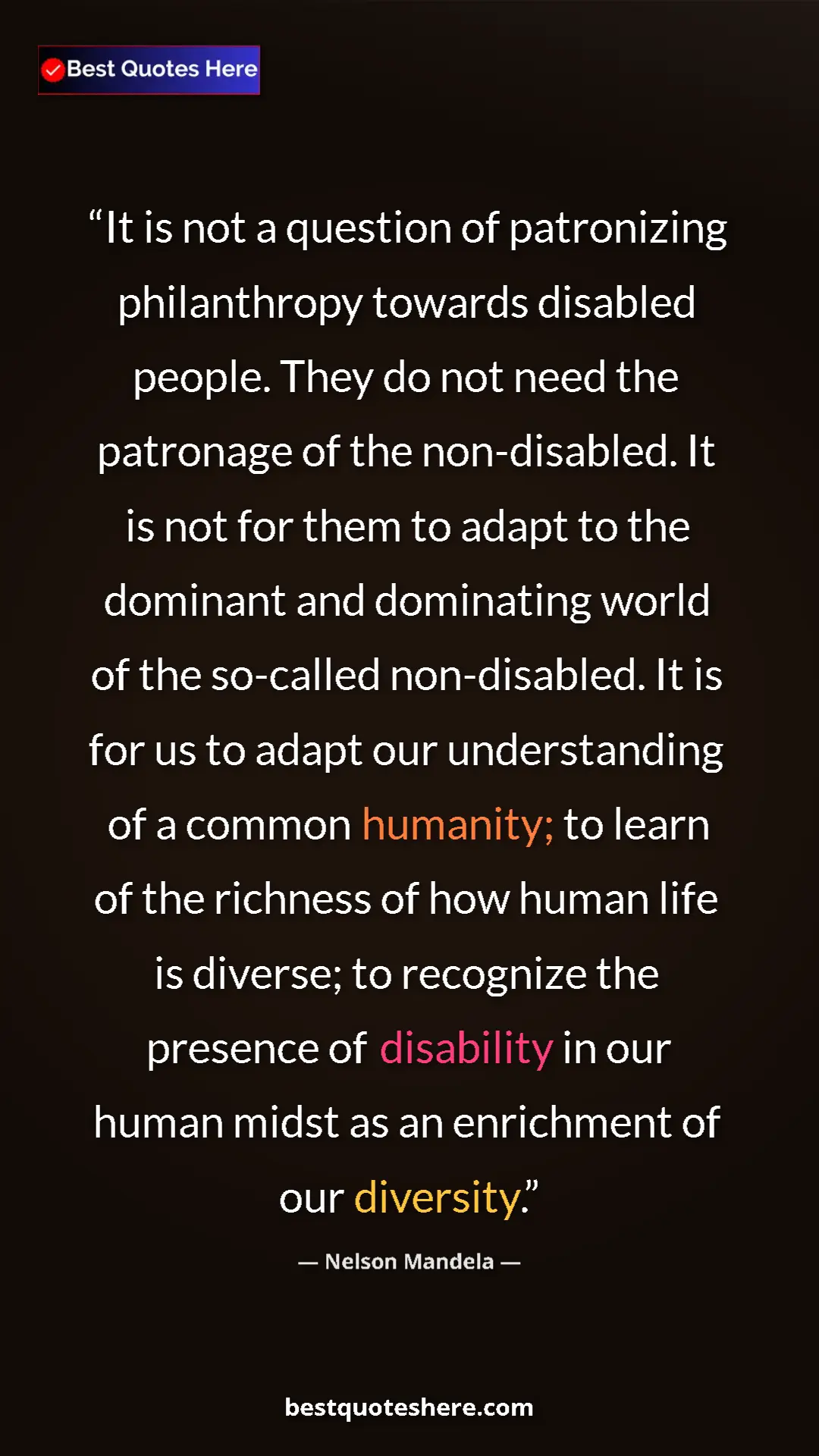 Pinterest quote poster by Nelson Mandela: "It is not a question of patronizing philanthropy towards..."