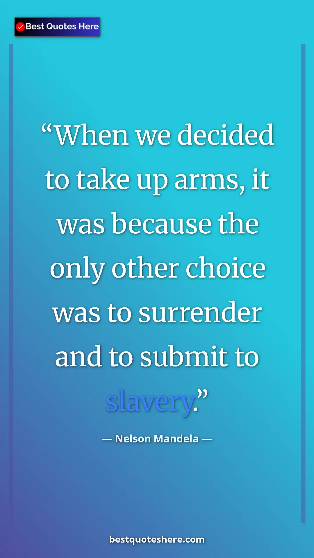 Pinterest quote poster by Nelson Mandela: "When we decided to take up arms, it was because the only oth"