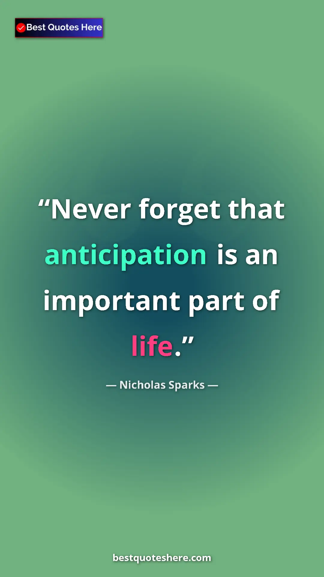 Pinterest quote poster by Nicholas Sparks: "Never forget that anticipation is an important part of life."