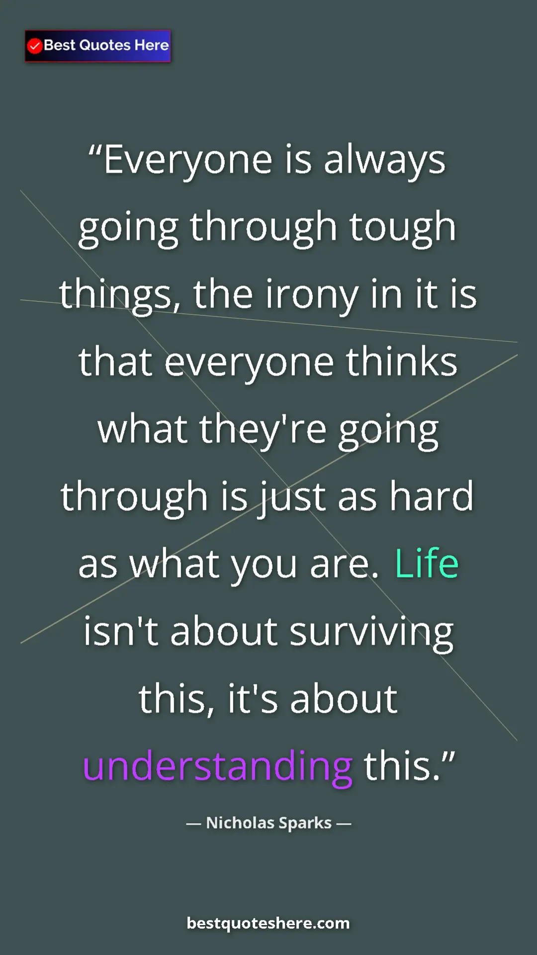 Pinterest quote poster by Nicholas Sparks: "Everyone is always going through tough things, the irony in..."