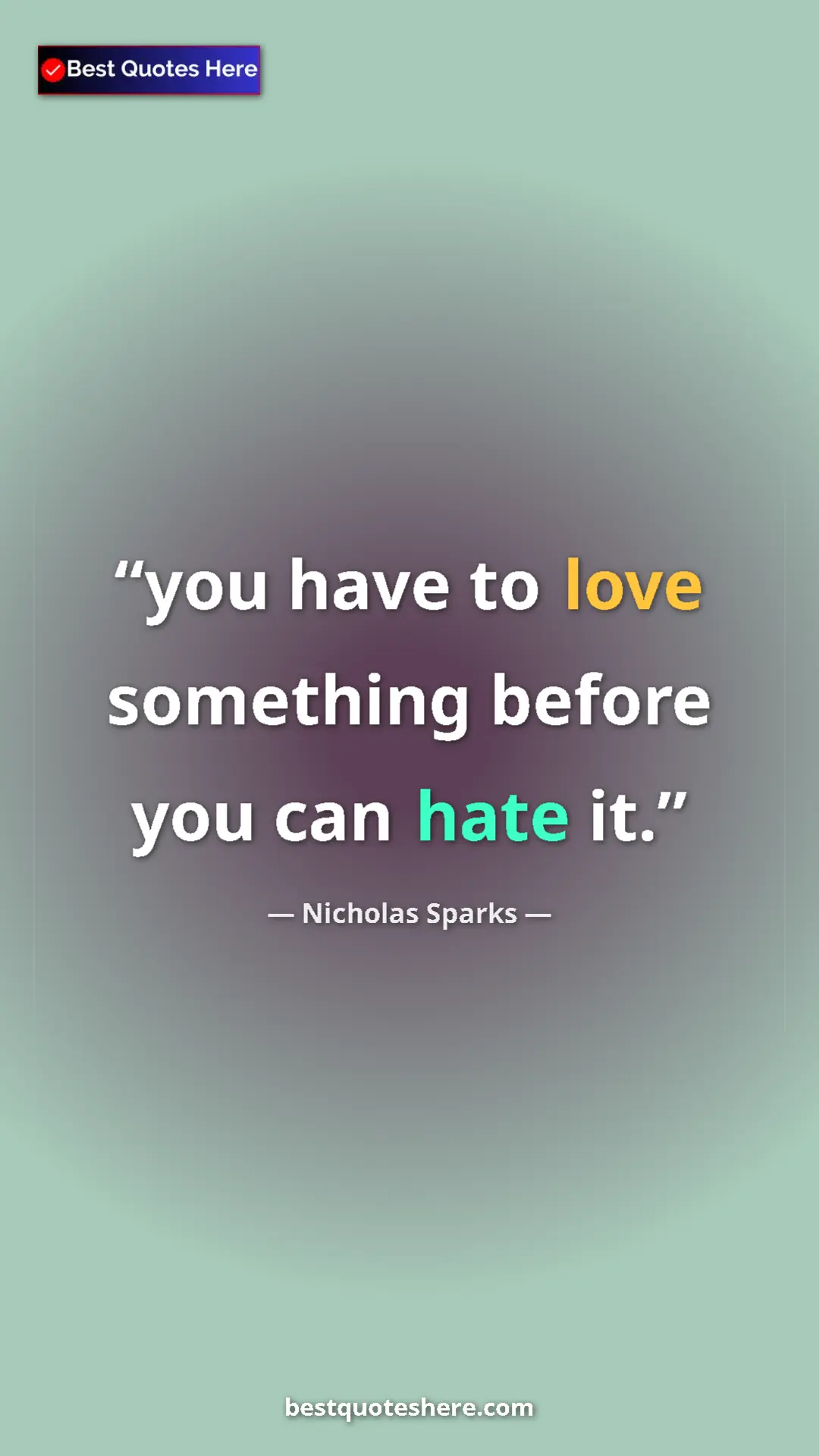 Pinterest quote poster by Nicholas Sparks: "you have to love something before you can hate it."
