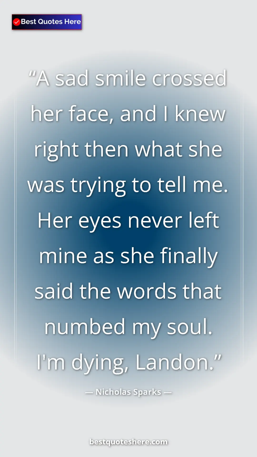 Pinterest quote poster by Nicholas Sparks: "A sad smile crossed her face, and I knew right then what..."