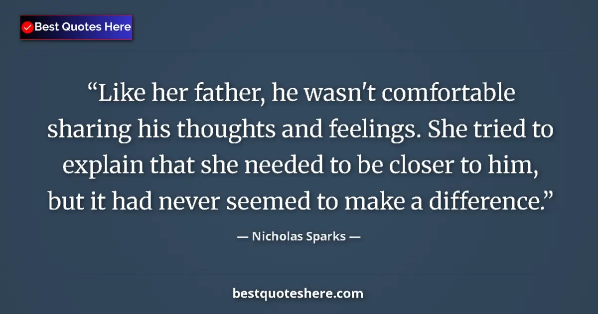 Nicholas Sparks quote: "Like her father, he wasn't comfortable sharing his thoughts..."
