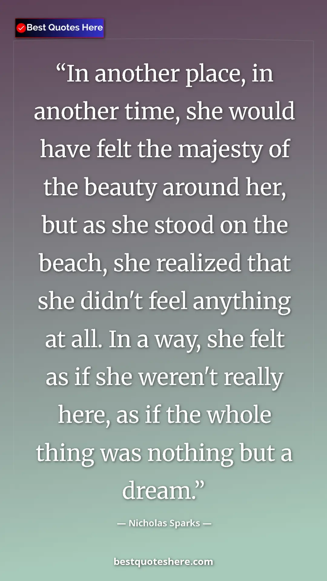 Nicholas Sparks Quote Card: "In another place, in another time, she would have felt the..." Pinterest quote poster by Nicholas Sparks: "In another place, in another time, she would have felt the..."