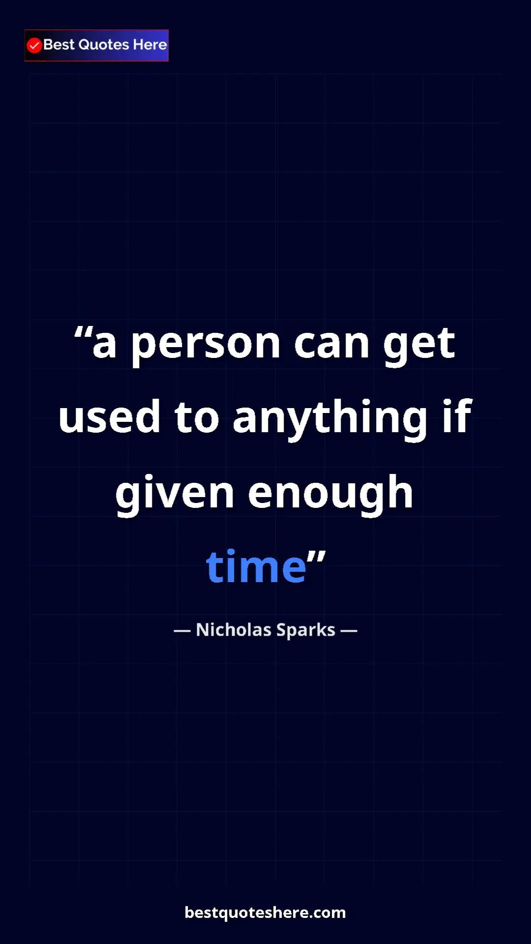 Pinterest quote poster by Nicholas Sparks: "a person can get used to anything if given enough time"