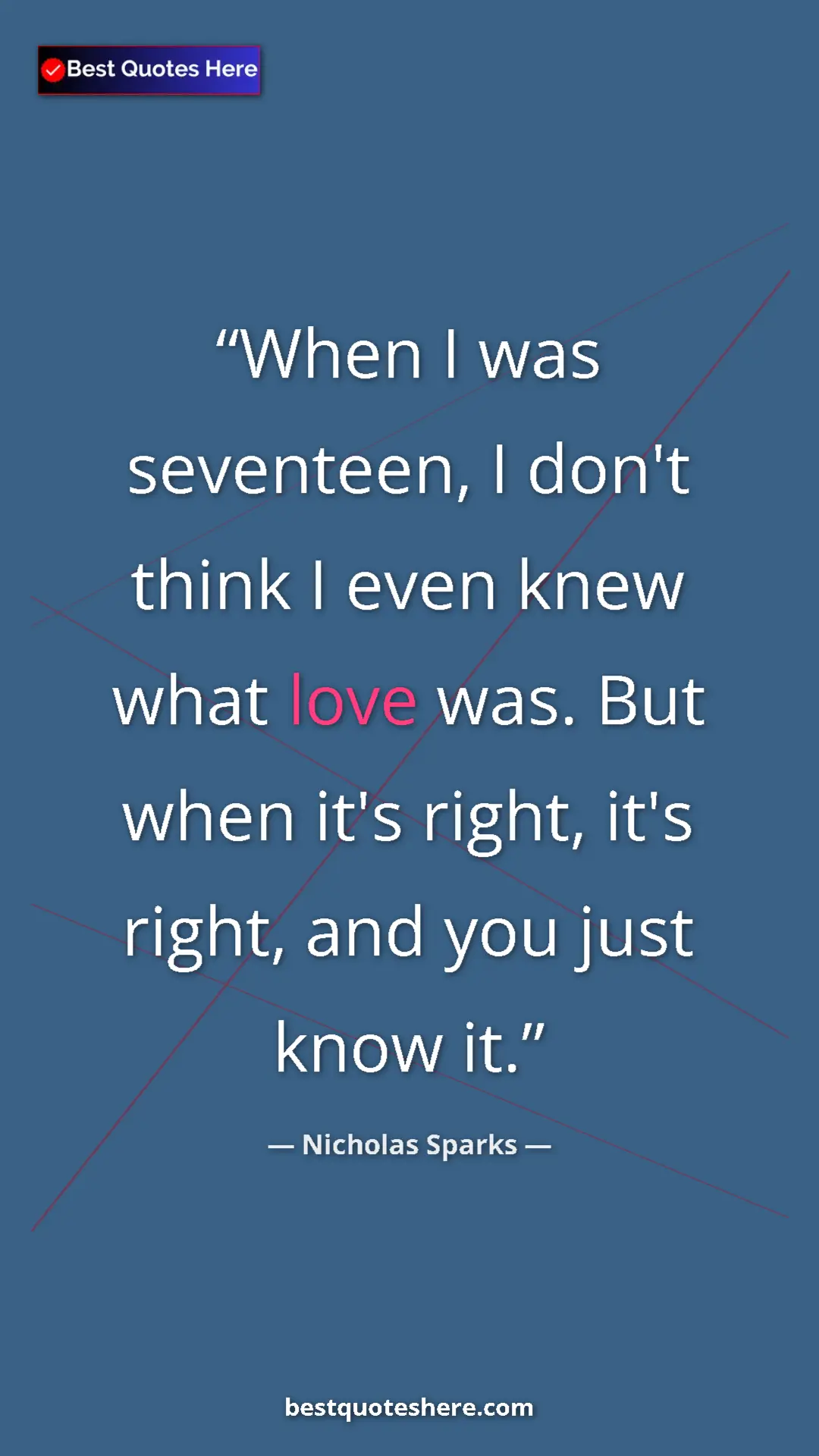 Pinterest quote poster by Nicholas Sparks: "When I was seventeen, I don't think I even knew what love..."