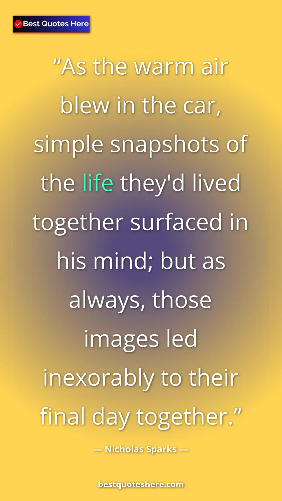 Pinterest quote poster by Nicholas Sparks: "As the warm air blew in the car, simple snapshots of the..."