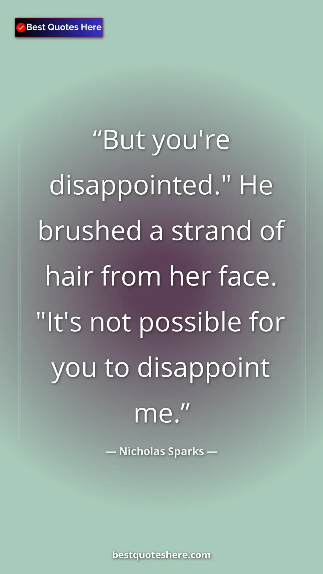 Pinterest quote poster by Nicholas Sparks: "But you're disappointed." He brushed a strand of hair from..."