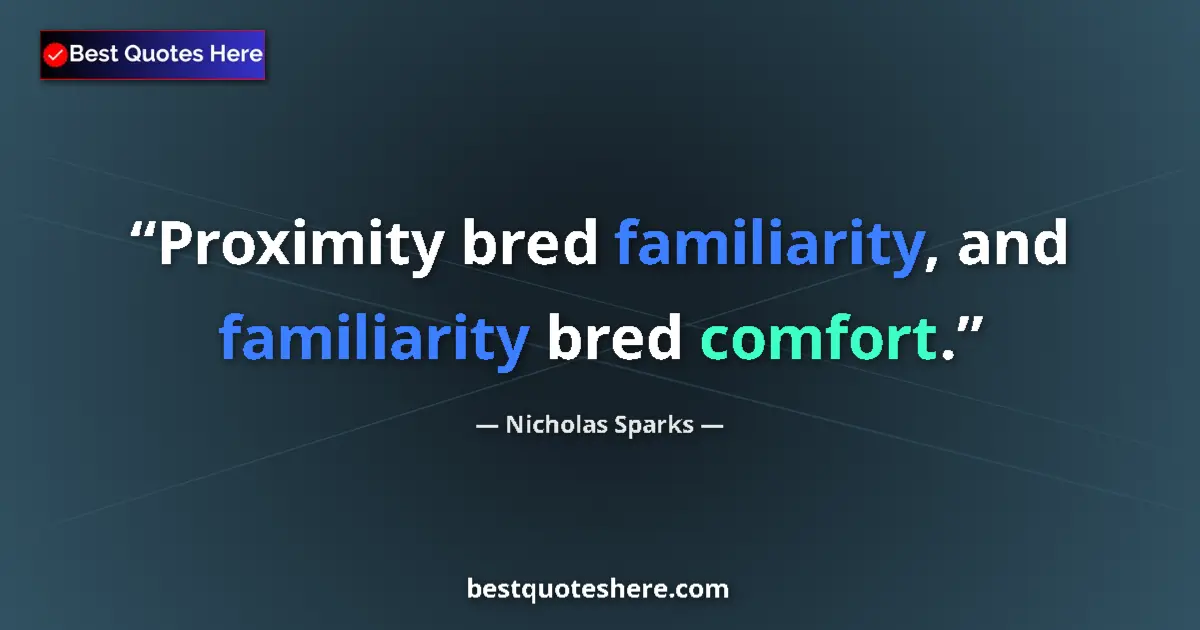 Image for the quote by Nicholas Sparks: Proximity bred familiarity, and familiarity bred comfort....