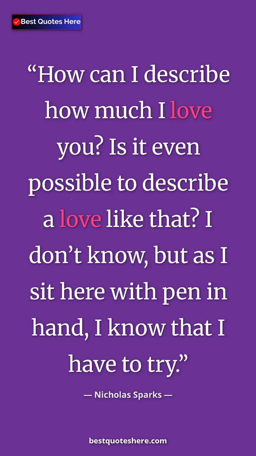 Pinterest quote poster by Nicholas Sparks: "How can I describe how much I love you? Is it even possible..."