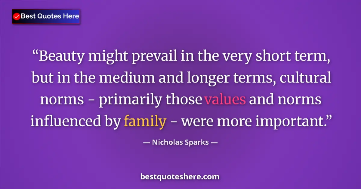 Quote by Nicholas Sparks: Beauty might prevail in the very short term, but in the medium and longer terms, cultural norms - pr...