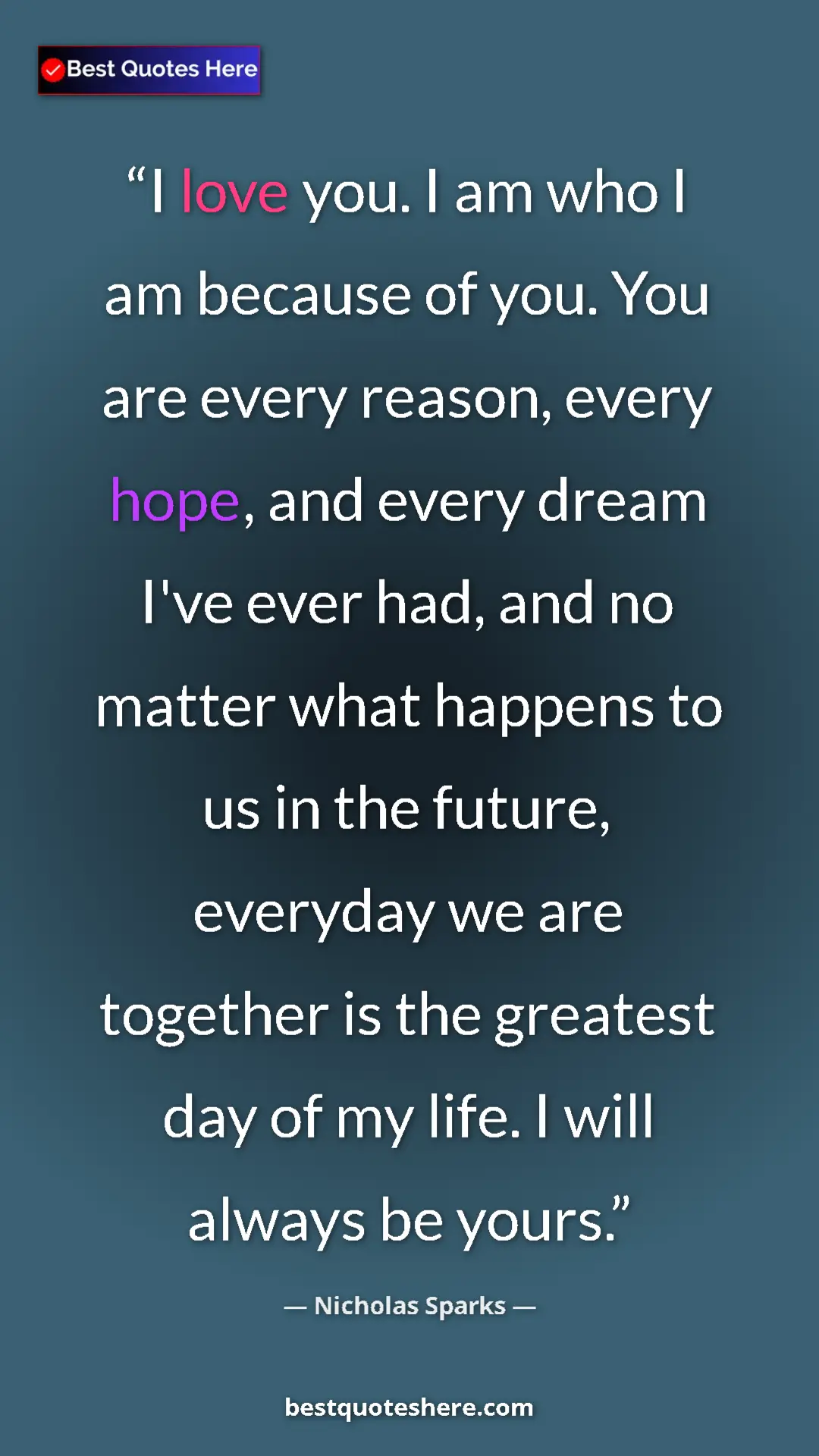 Pinterest quote poster by Nicholas Sparks: "I love you. I am who I am because of you. You are every..."