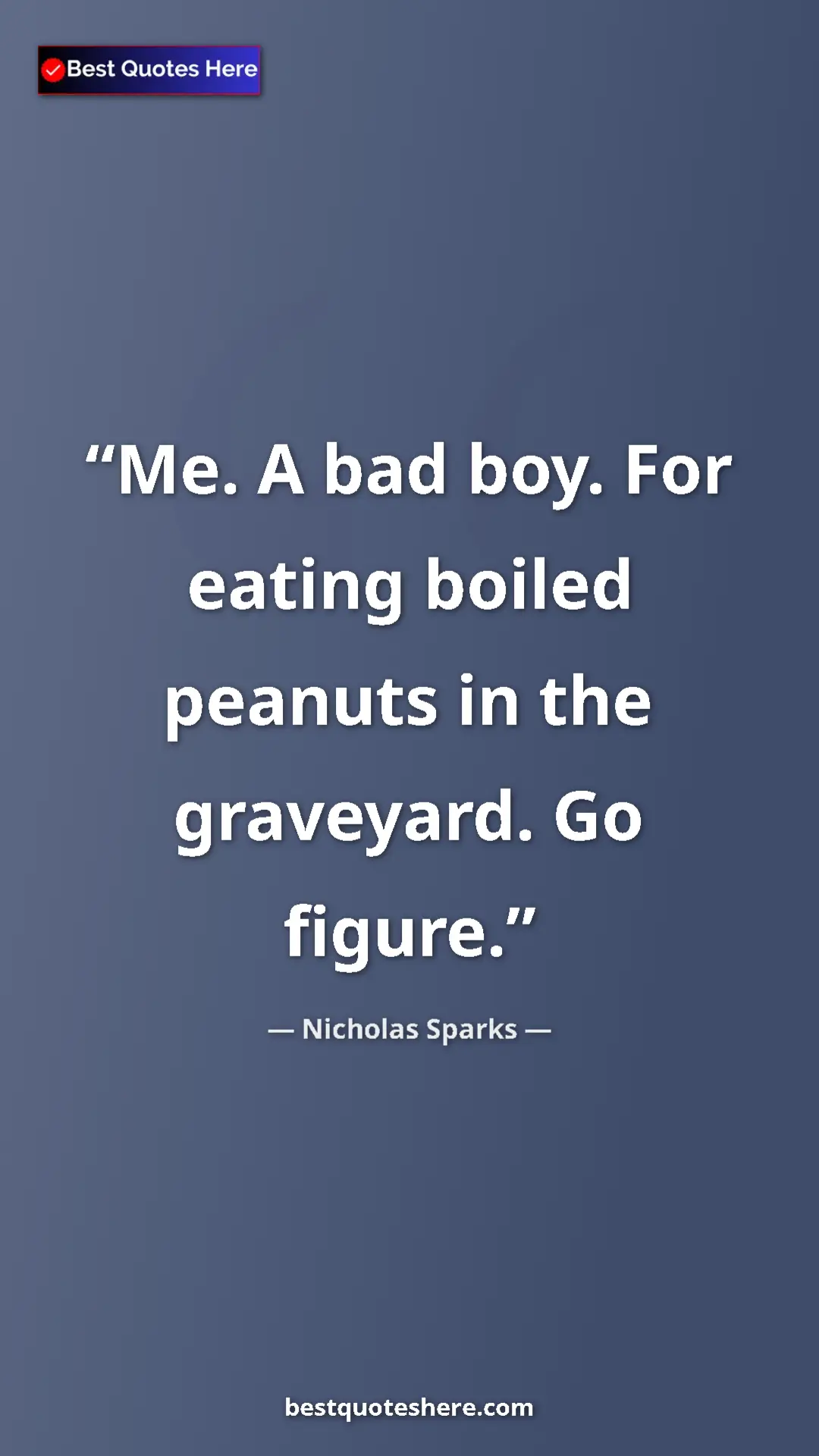 Pinterest quote poster by Nicholas Sparks: "Me. A bad boy. For eating boiled peanuts in the graveyard...."