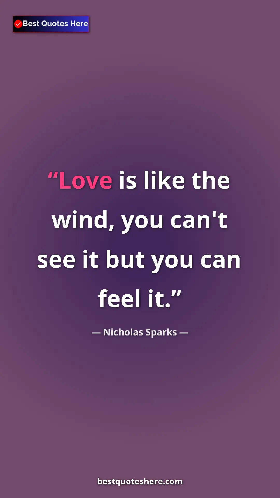 Pinterest quote poster by Nicholas Sparks: "Love is like the wind, you can't see it but you can feel it."