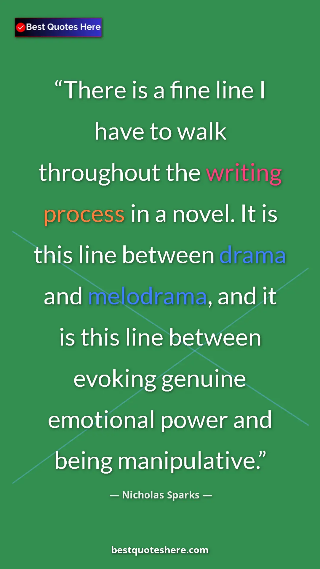 Pinterest quote poster by Nicholas Sparks: "There is a fine line I have to walk throughout the writing..."