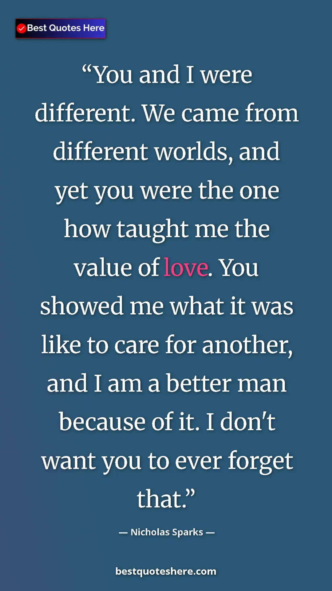 Pinterest quote poster by Nicholas Sparks: "You and I were different. We came from different worlds,..."