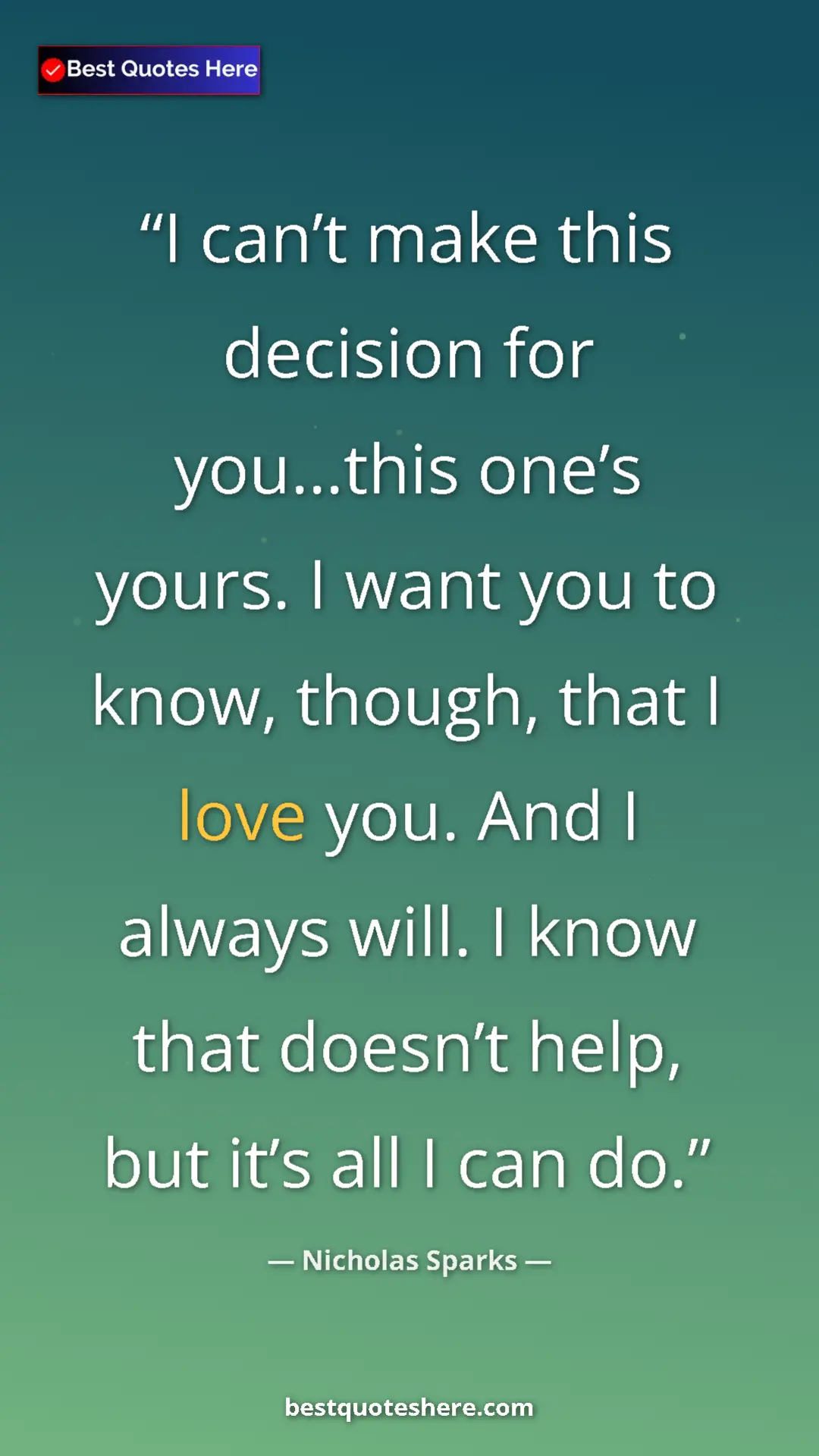 Pinterest quote poster by Nicholas Sparks: "I can’t make this decision for you…this one’s yours. I want..."