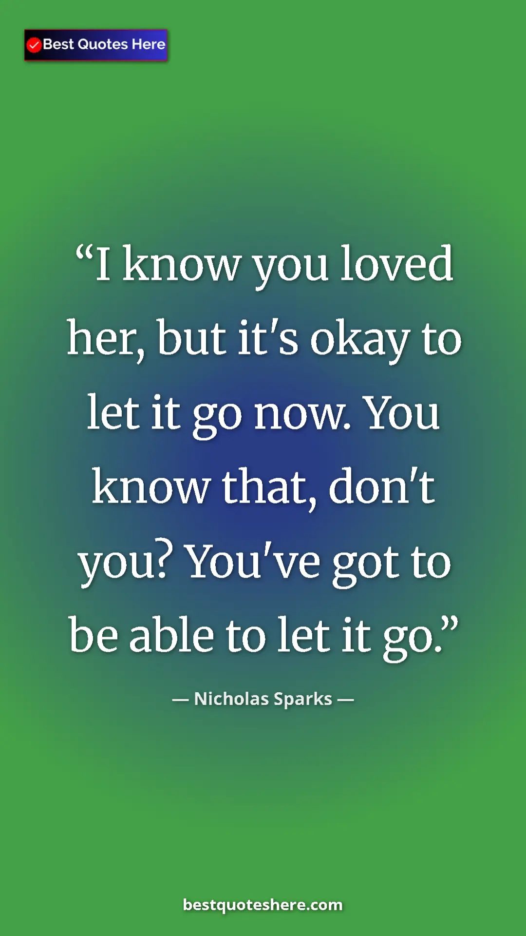 Pinterest quote poster by Nicholas Sparks: "I know you loved her, but it's okay to let it go now. You..."