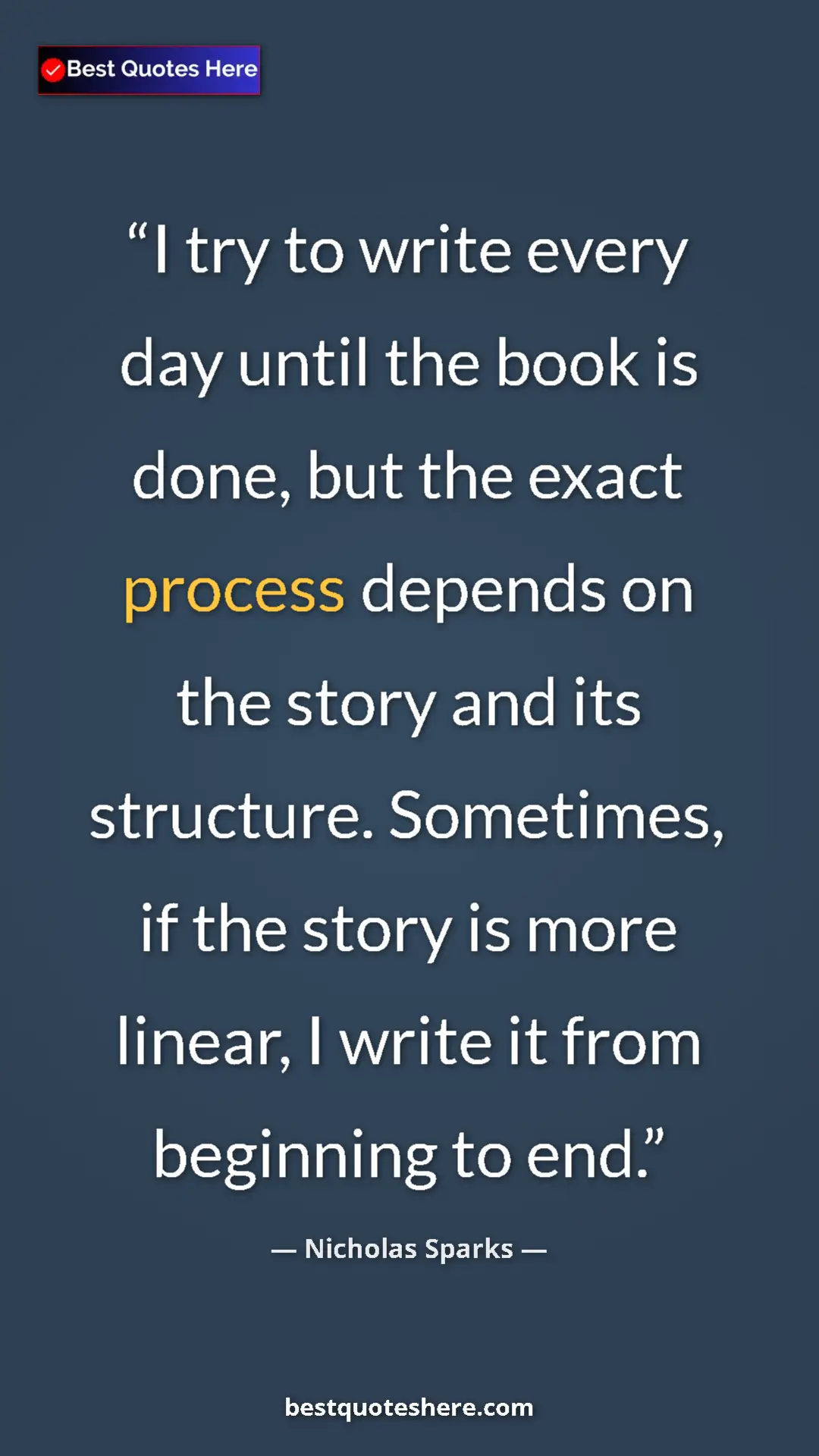 Pinterest quote poster by Nicholas Sparks: "I try to write every day until the book is done, but the..."
