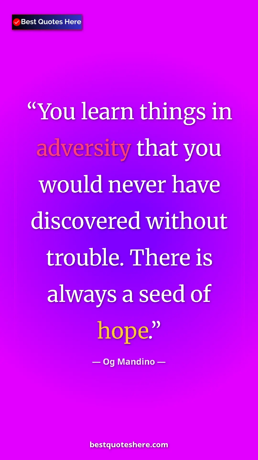 Pinterest quote poster by Og Mandino: "You learn things in adversity that you would never have..."