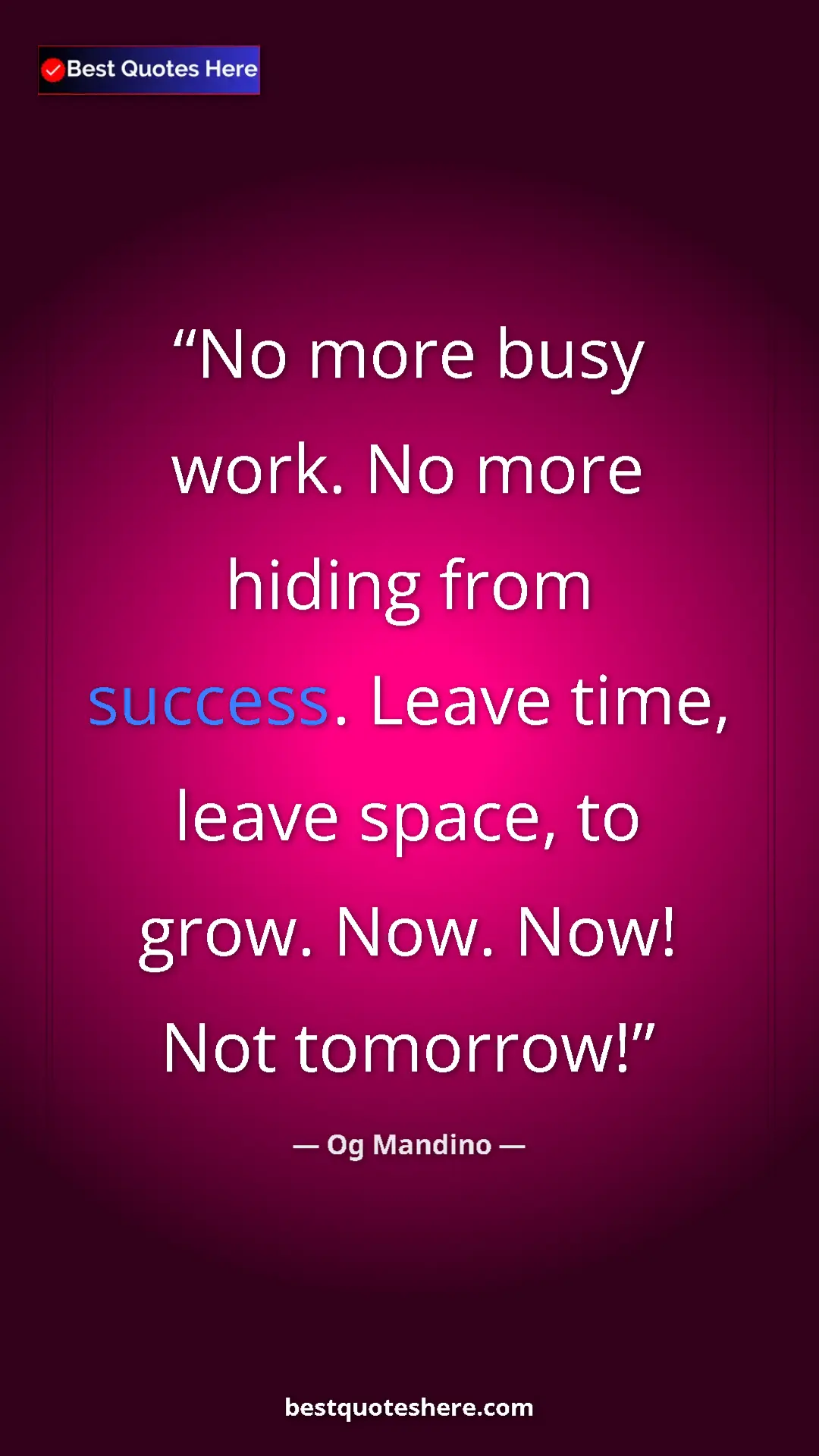 Pinterest quote poster by Og Mandino: "No more busy work. No more hiding from success. Leave time,..."