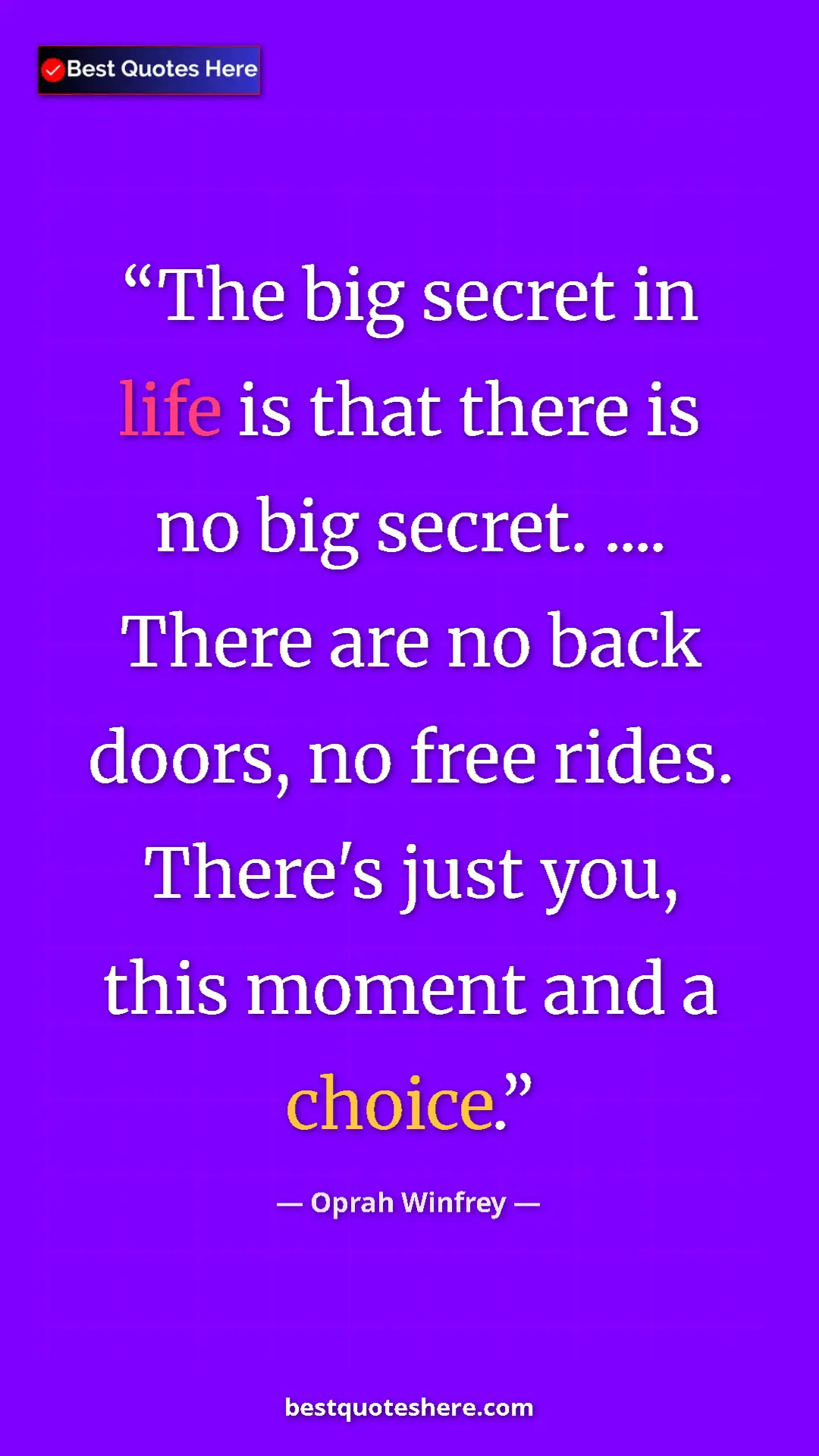 Pinterest quote poster by Oprah Winfrey: "The big secret in life is that there is no big secret. ......."
