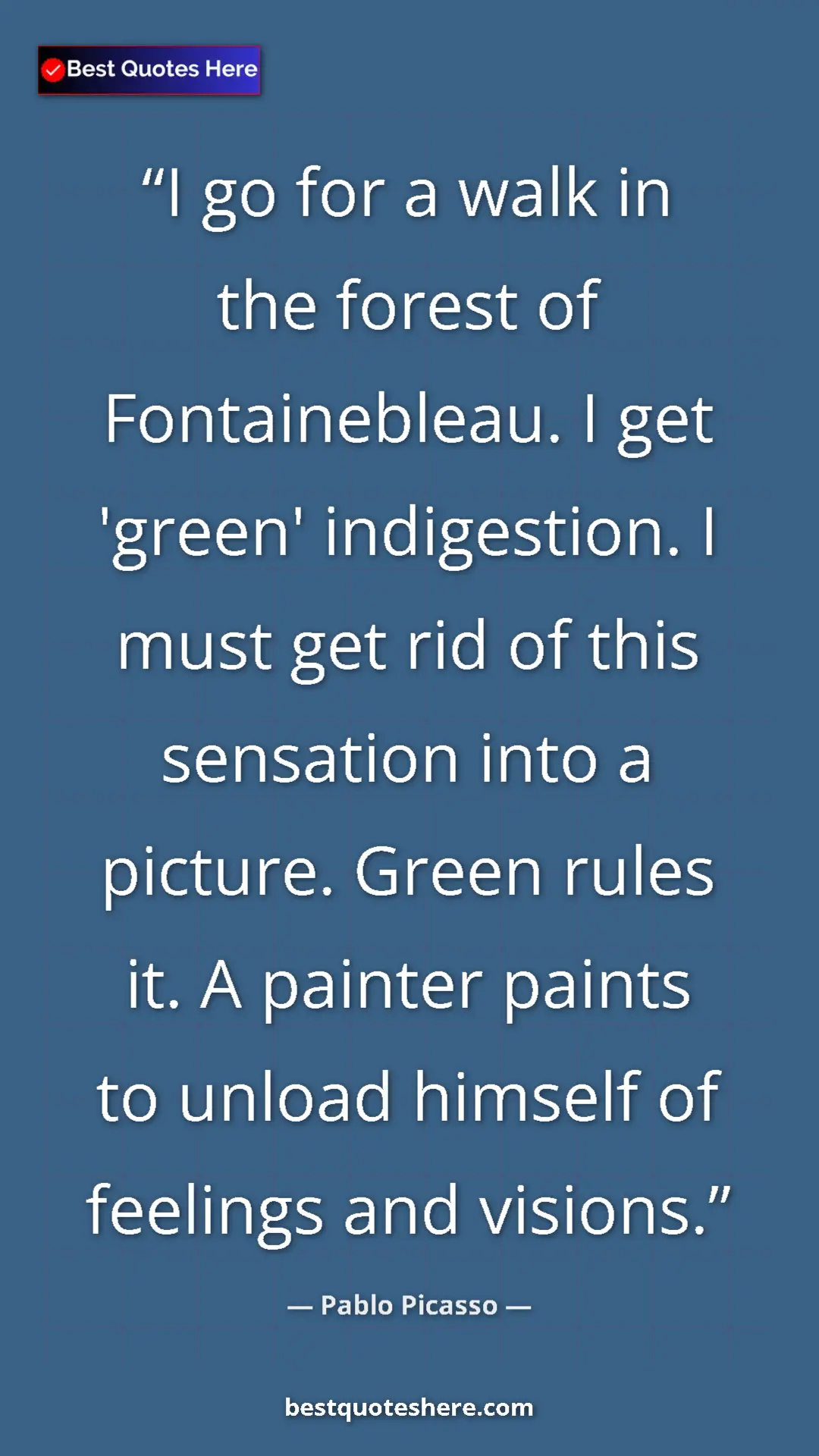 Pinterest quote poster by Pablo Picasso: "I go for a walk in the forest of Fontainebleau. I get..."