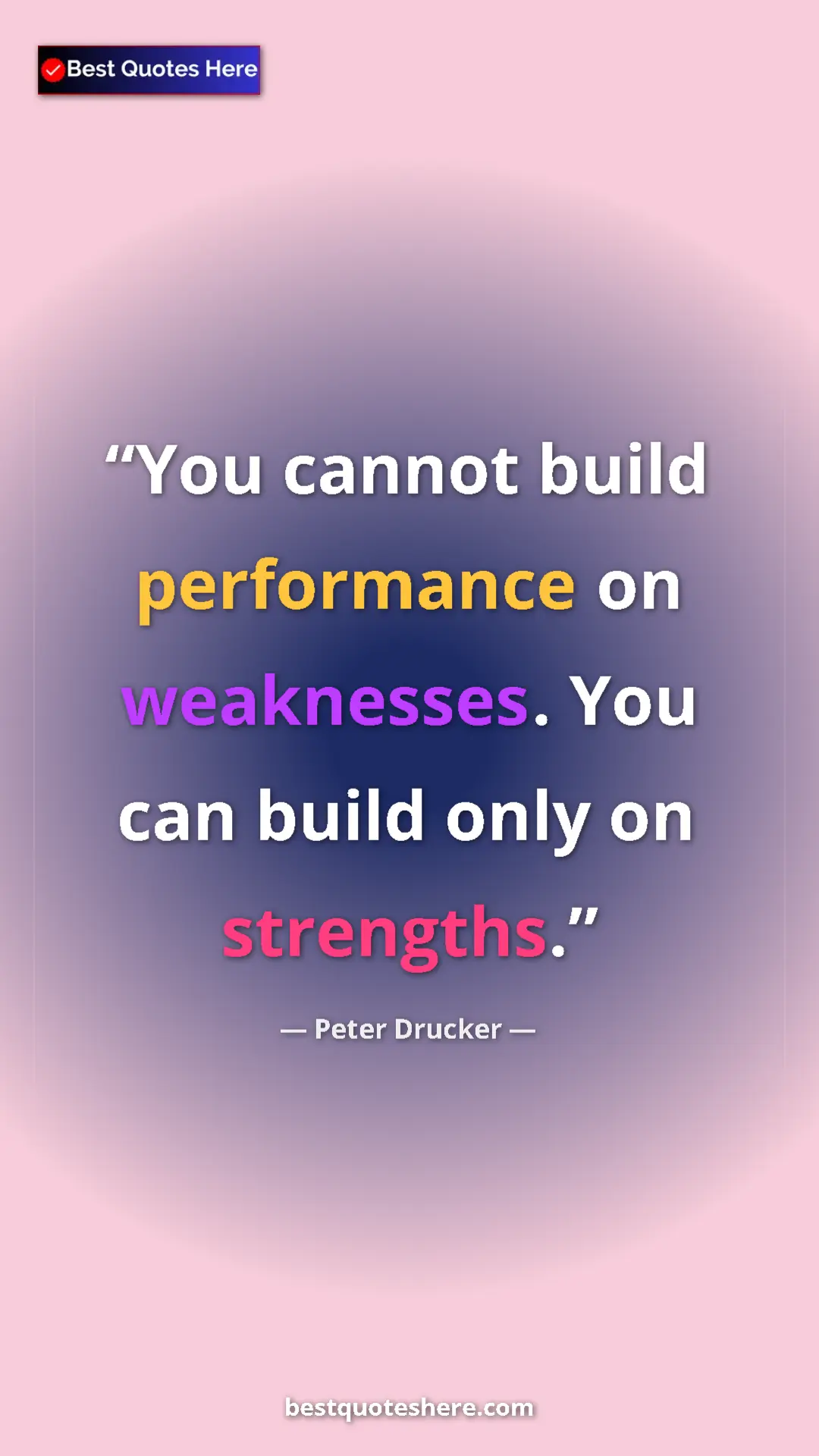 Peter Drucker Quote Card: "You cannot build performance on weaknesses. You can build..." Pinterest quote poster by Peter Drucker: "You cannot build performance on weaknesses. You can build..."