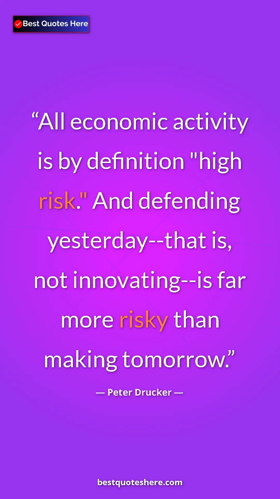 Pinterest quote poster by Peter Drucker: "All economic activity is by definition "high risk." And..."