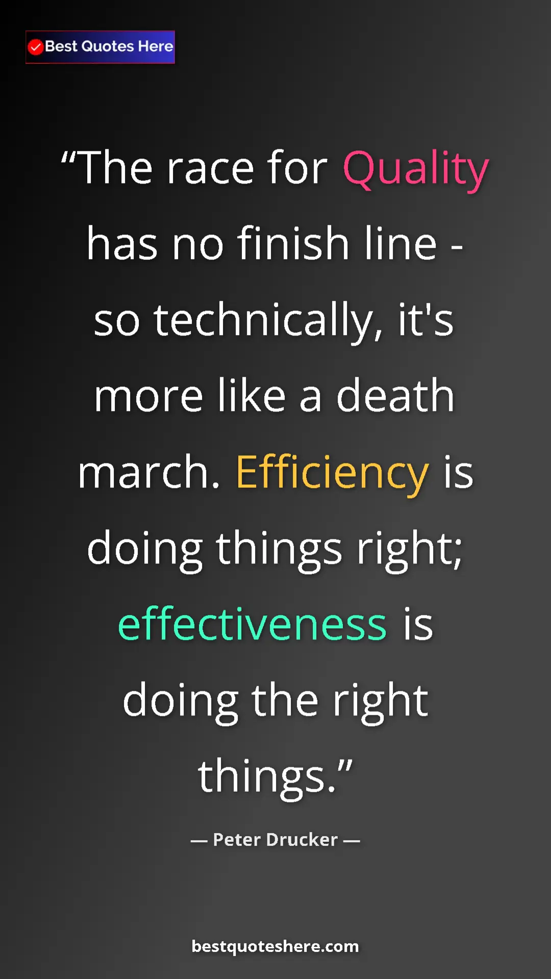 Pinterest quote poster by Peter Drucker: "The race for Quality has no finish line - so technically,..."