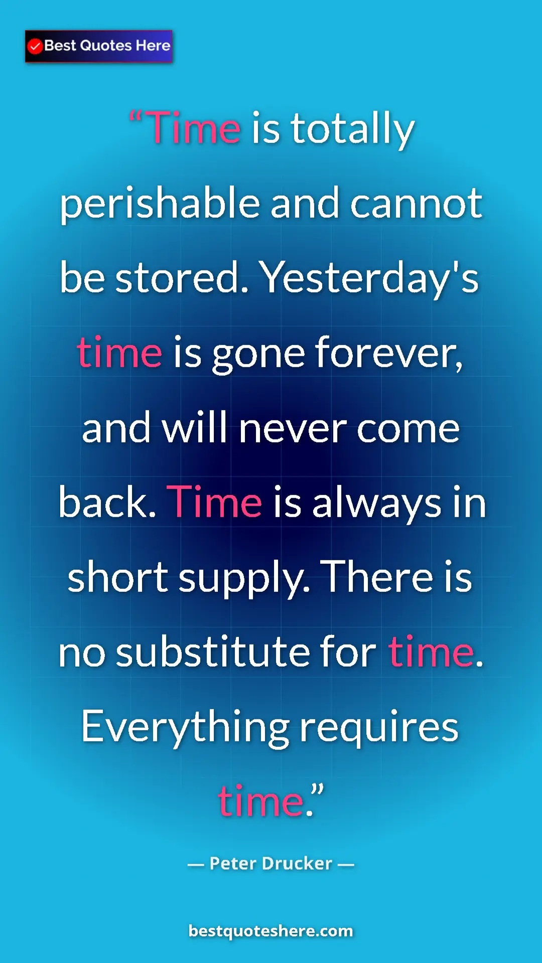 Pinterest quote poster by Peter Drucker: "Time is totally perishable and cannot be stored...."