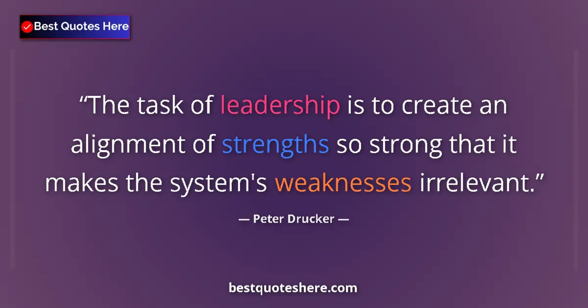Quote by Peter Drucker: The task of leadership is to create an alignment of strengths so strong that it makes the system's w...